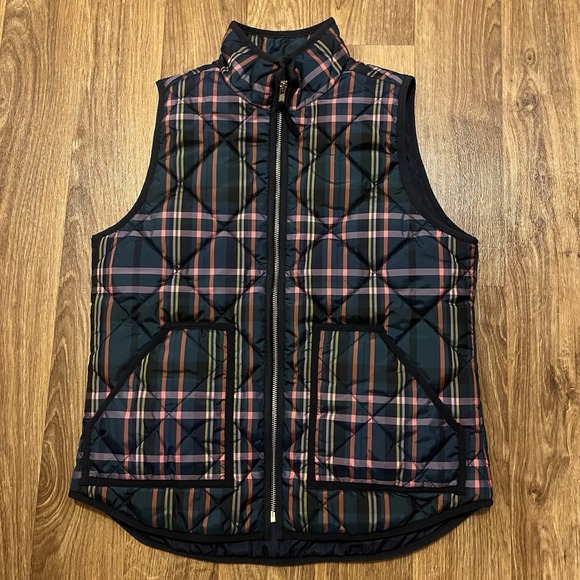 J Crew Puffer Vest Jacket Woman‎ Small Plaid Full Zip YKK Zipper Black Label - Picture 1 of 6